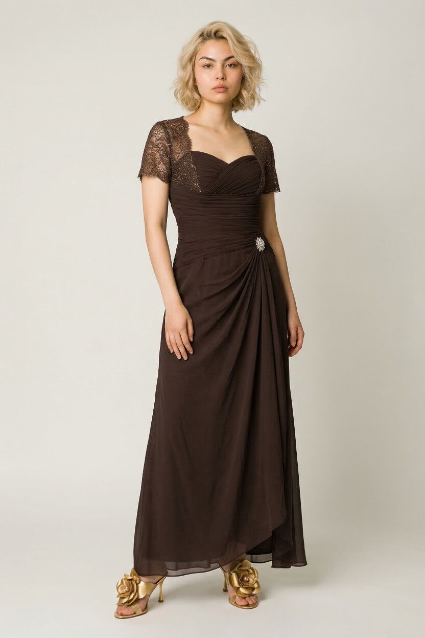 Vintage Espresso Brown Maxi Draped Sheath Dress — 90s / 2000s, Quiet Luxury, Floral Lace, Sleeves