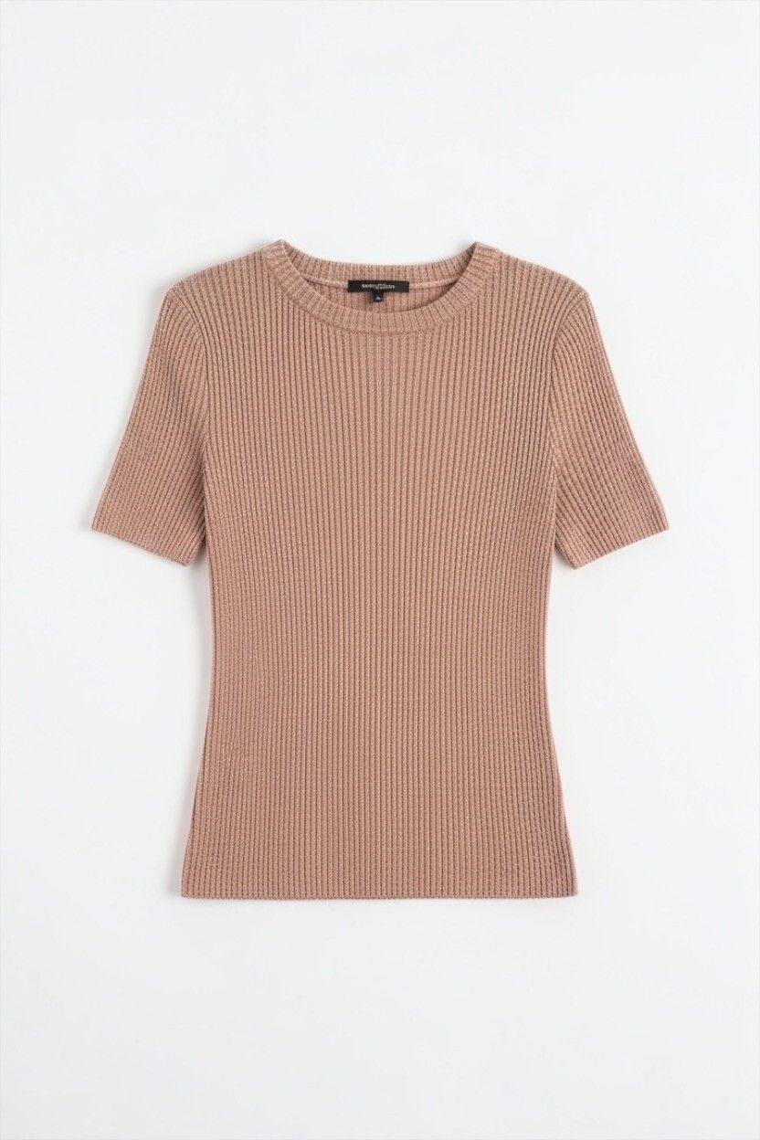 Rose Gold Metallic Ribbed Stretch Knit Top — Copper, Sparkly, Short Sleeve Tee