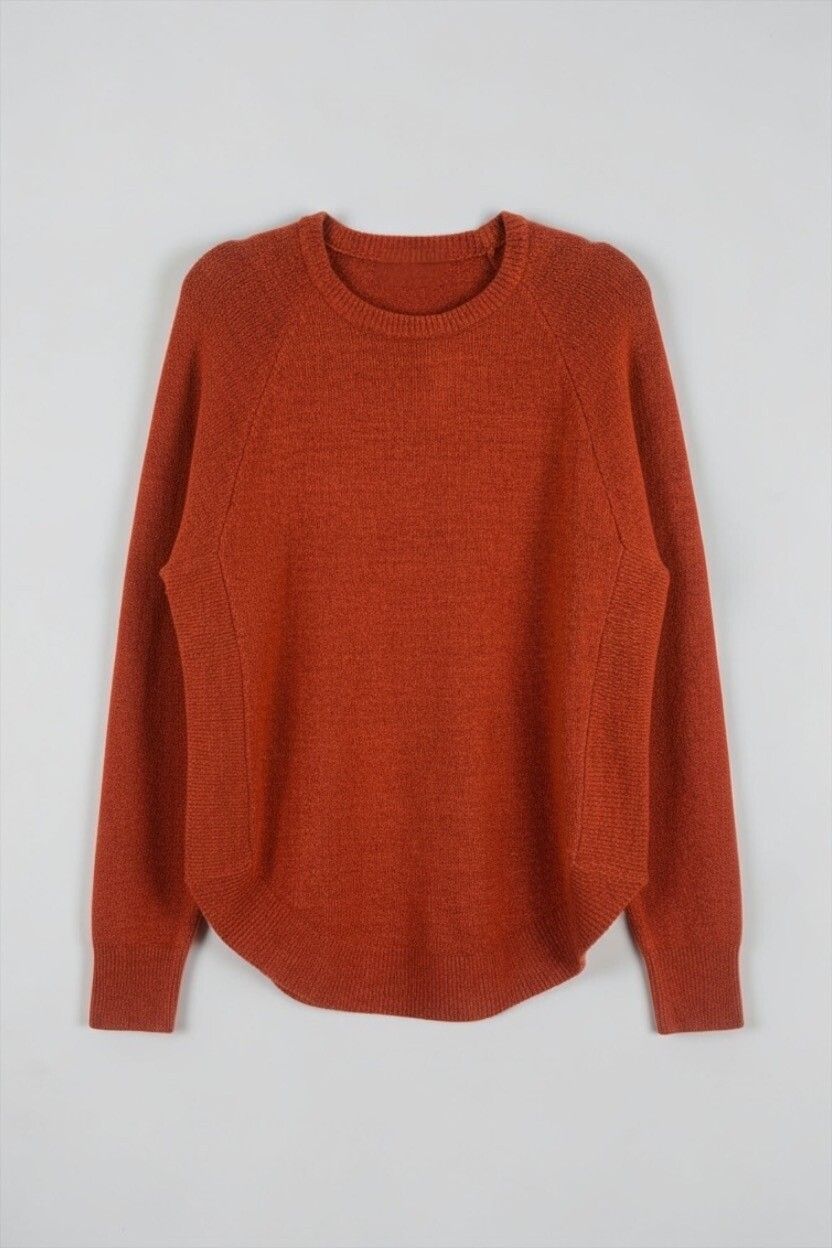 Vintage 90s Style Rust / Burnt Orange Boxy Knit Jersey — Ribbed Panel, Relaxed Fit, Jumper