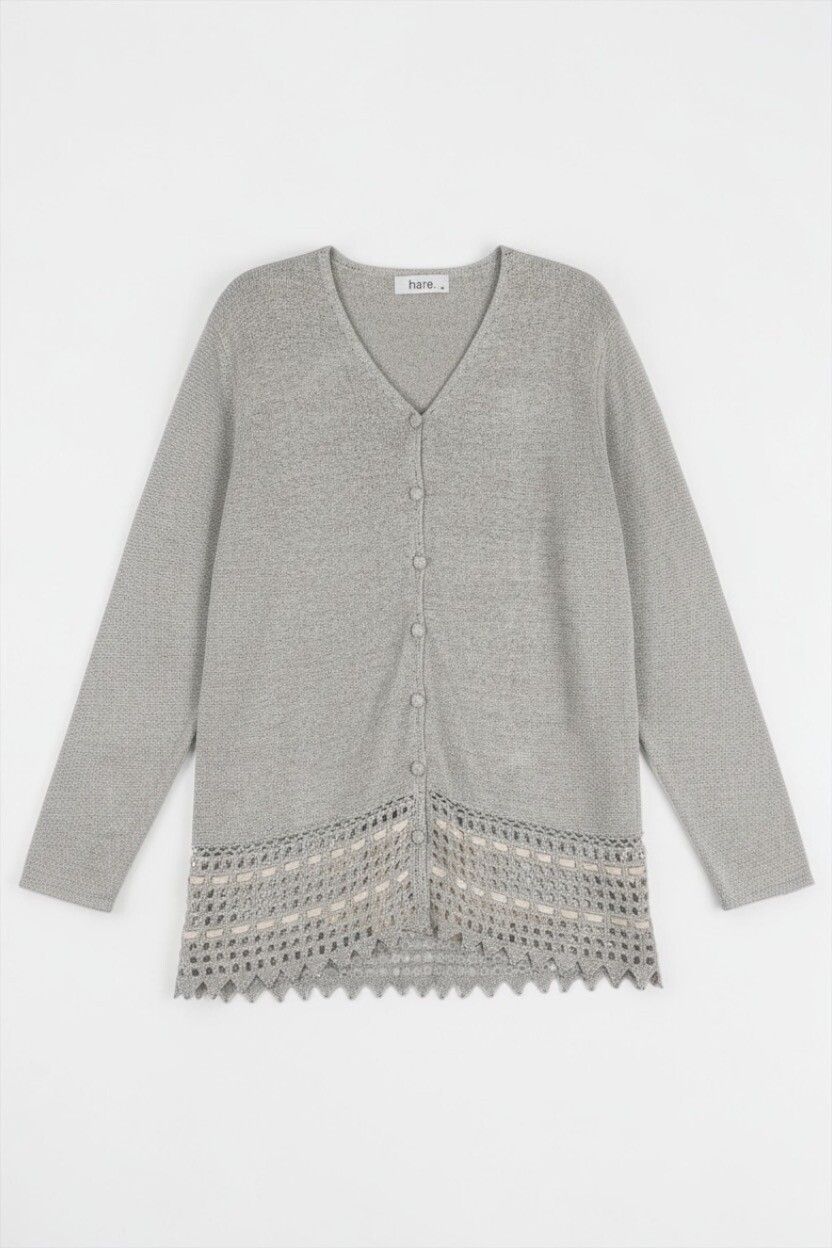 Vintage 90s Style Dove Grey Crochet Trim Cardigan — Y2K, Relaxed Fit, Pearls