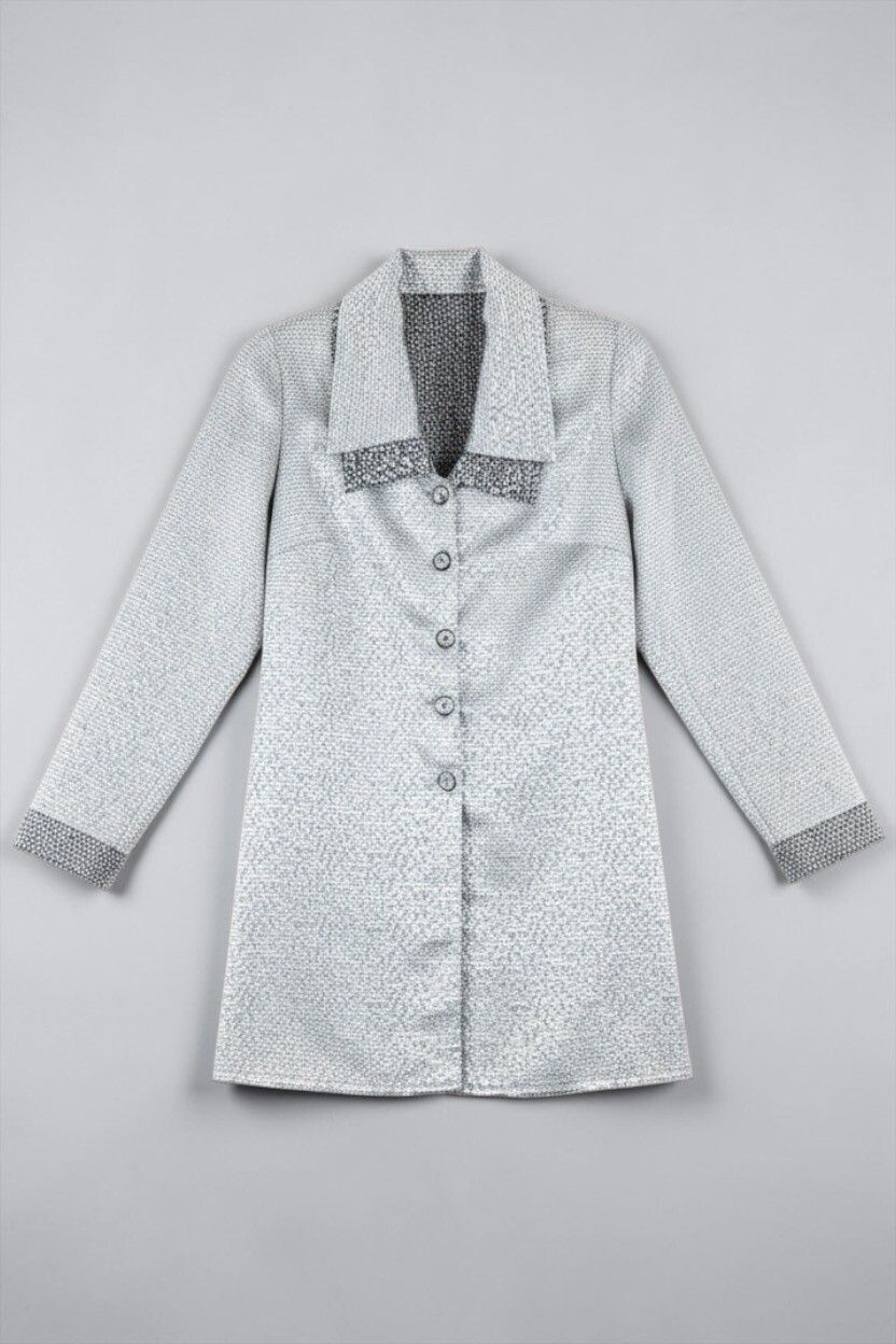 Vintage 90s Metallic Silver Lamé Jacquard Longline Blazer — Bespoke, Double Collar, Jacket