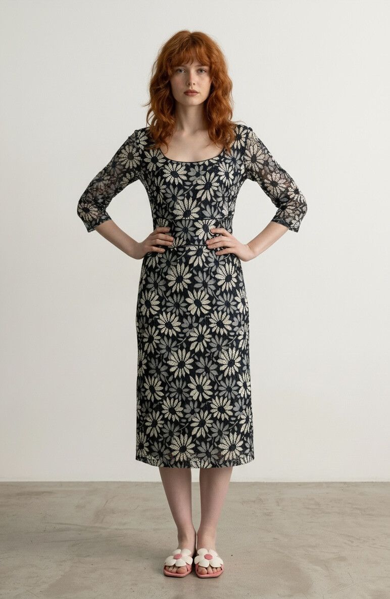 Redhead Vintage Daisy Embroidered Sheath Dress   — 60s / 70s Vibe, Midi Dress, Retro