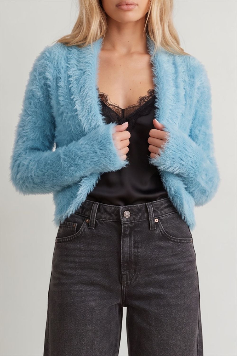 Pure Hype Y2K Aqua Fluffy Knit Cardigan — 2000s, Festival, Turquoise, Cocoon Cardi