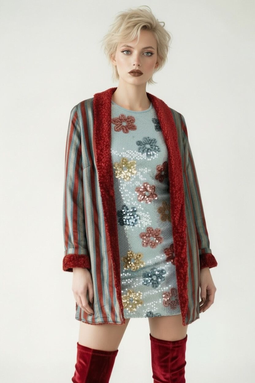 Vintage 70s-90s Bespoke Pinstripe Longline Blazer — Red, Blue & Silver, Avant-garde, Bouclé
