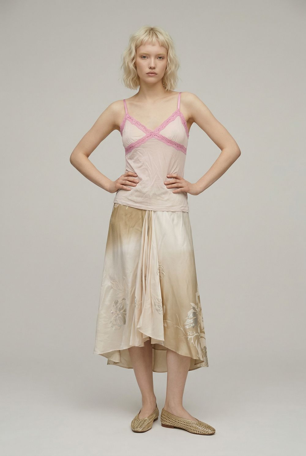 Y2K Style Hugo Boss Silk Ruffle Midi Skirt  — Cream, Gold & Silver, Quiet Luxury