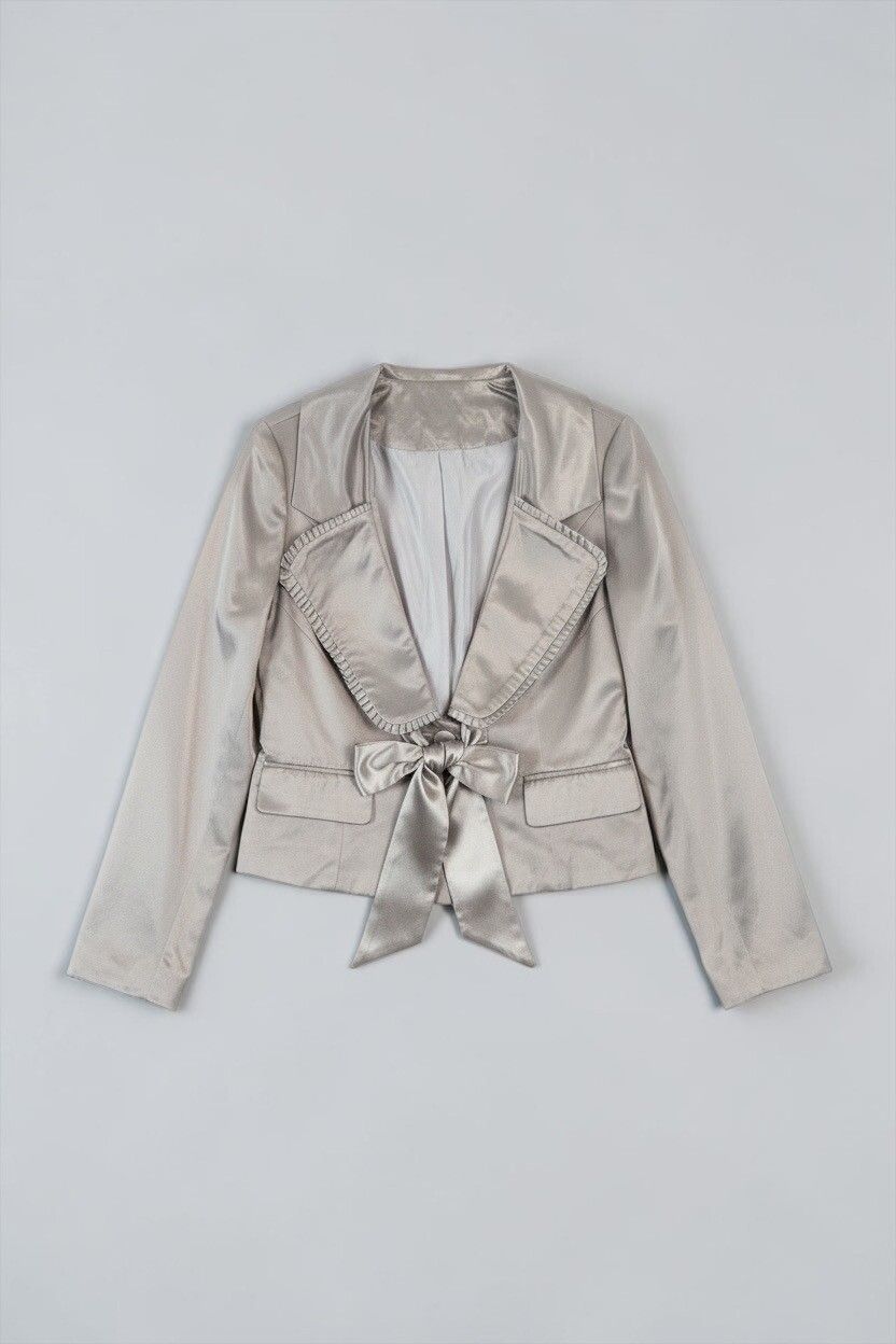 Taupe Satin Coquette Ribbon Tie Cropped Blazer — Frill Trim