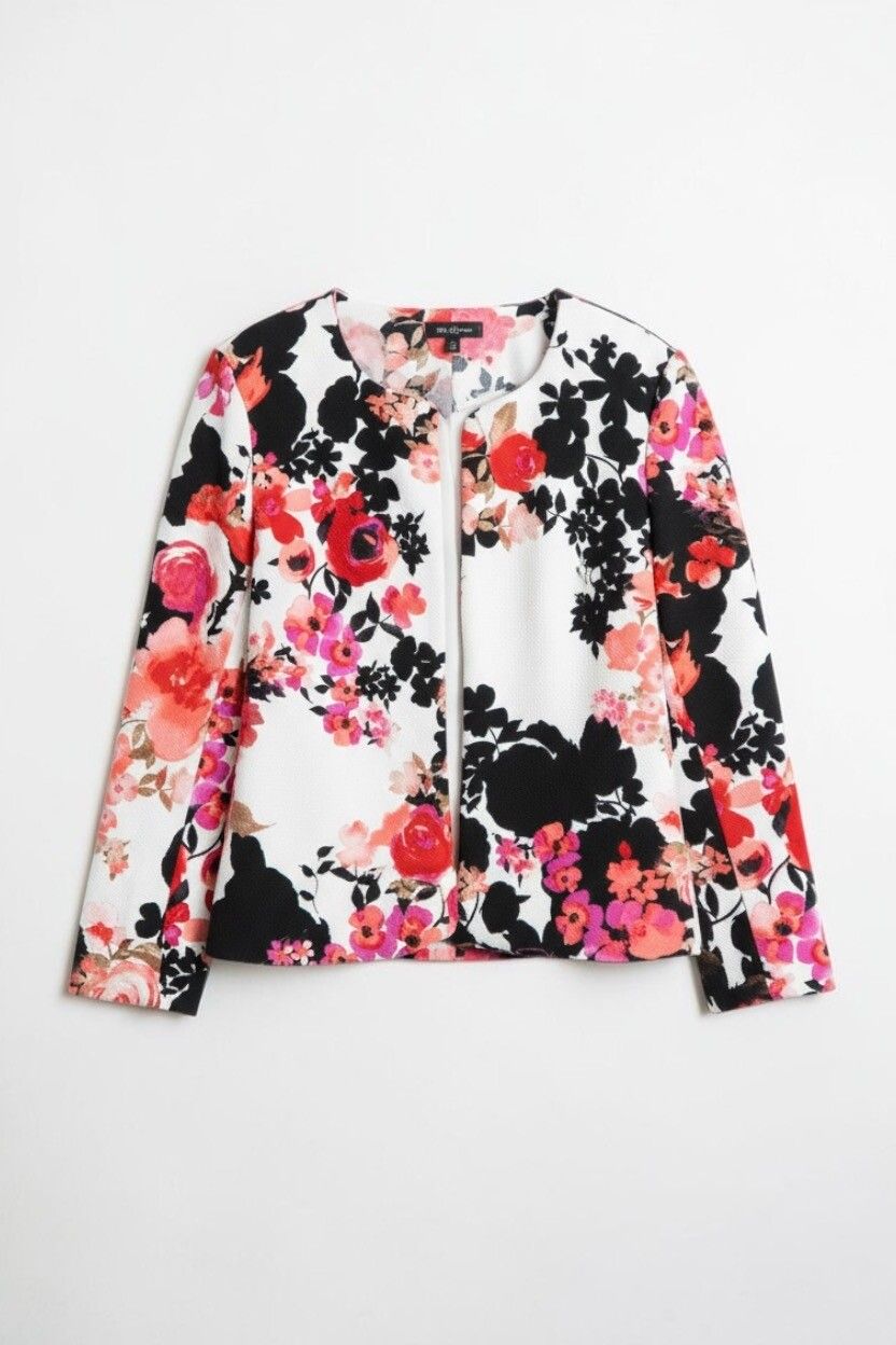 Draper's & Damon's Watercolour Floral Open Front Blazer — Red, Pink & Black, Autumnal