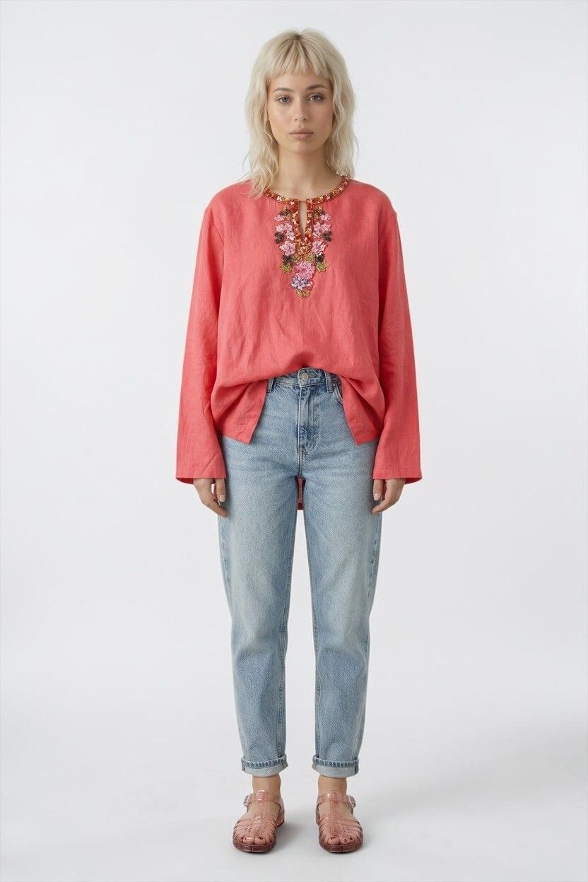 Vintage Trelise Cooper "Tobago" Coral Linen Top — Glass Beads & Stones Bib, White Label, Blouse