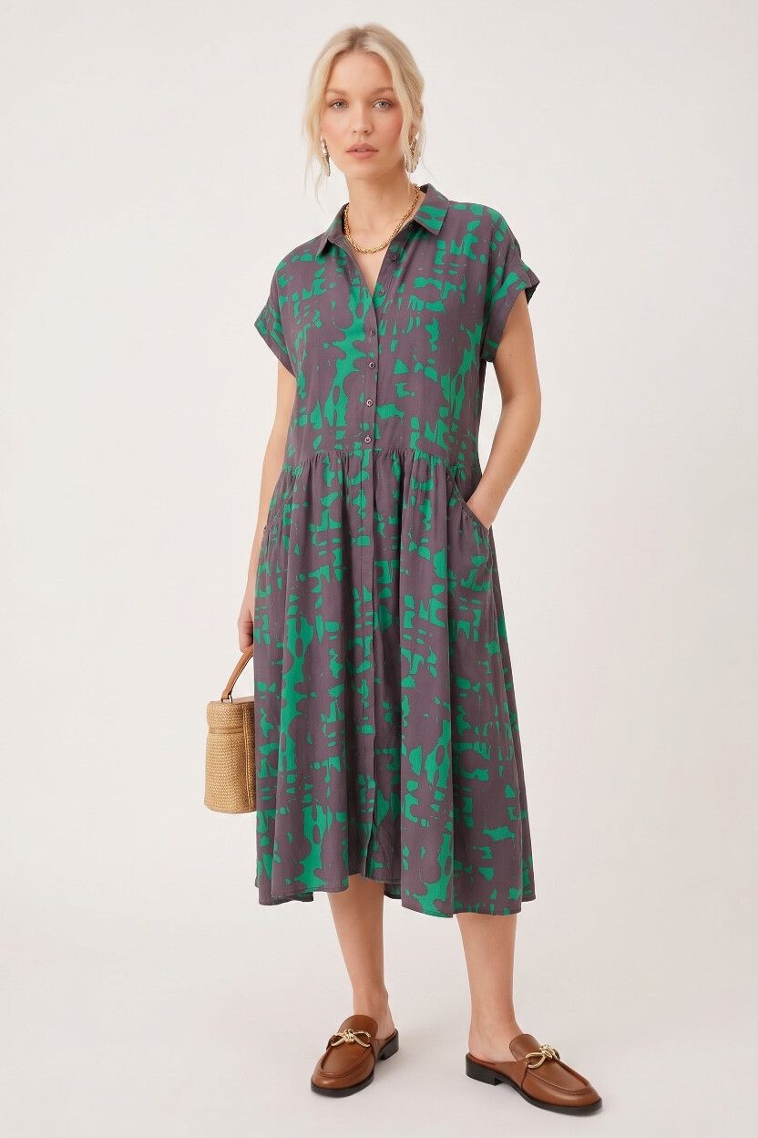Elk "Joia" Puce & Green Print Shirt Midi Dress — Relaxed Fit, Button-up, Pockets