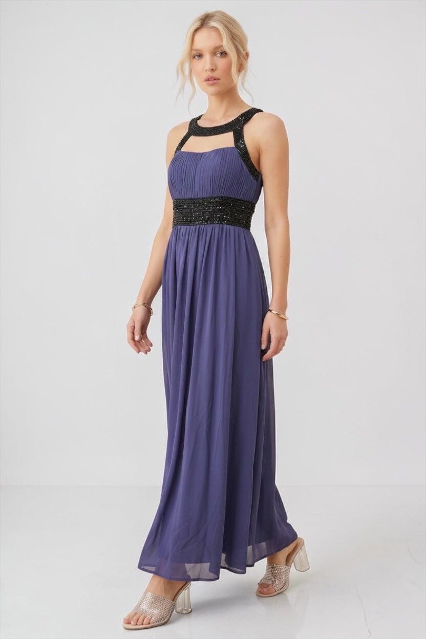 Juliette Grecian Lavender Chiffon Beaded Maxi Dress — 2000s, Cut-Out Bodice, A-Line Gown