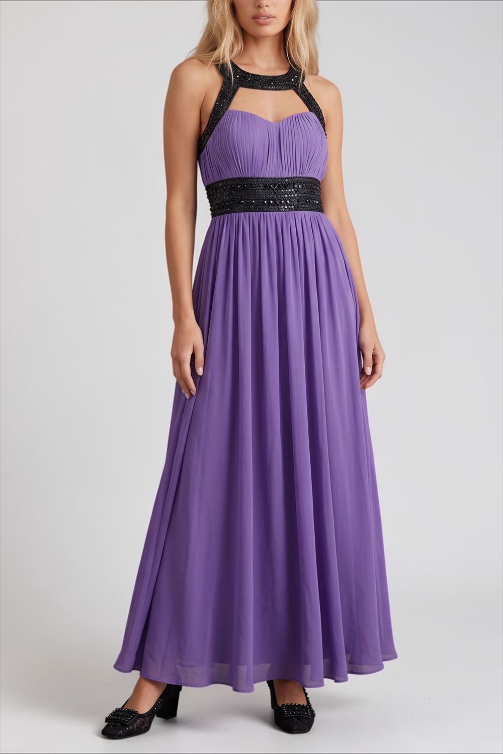 Juliette Grecian Lavender Chiffon Beaded Maxi Dress — 2000s, Cut-Out Bodice, A-Line Gown