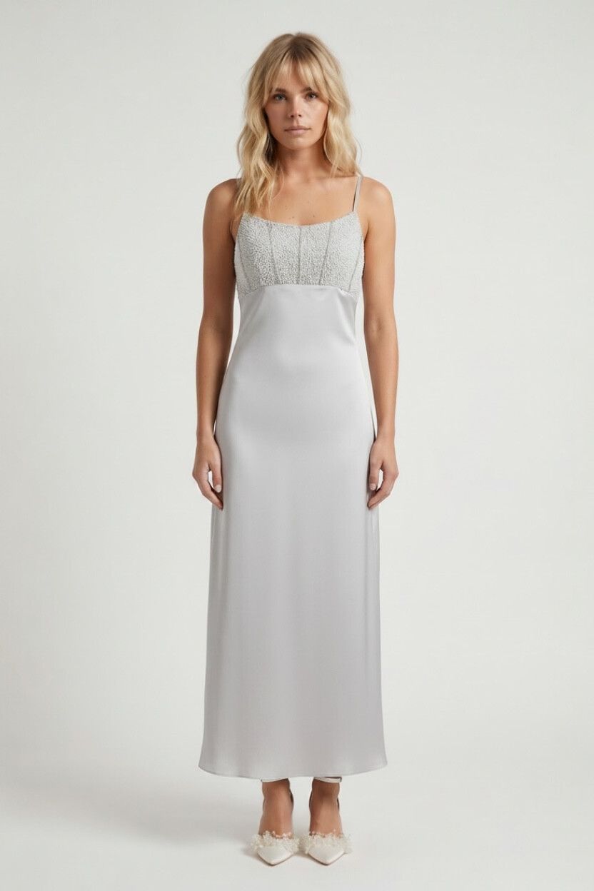 Y2K Light Silver Satin Beaded Baby Doll Maxi Slip Dress — 2000s, Spaghetti Straps