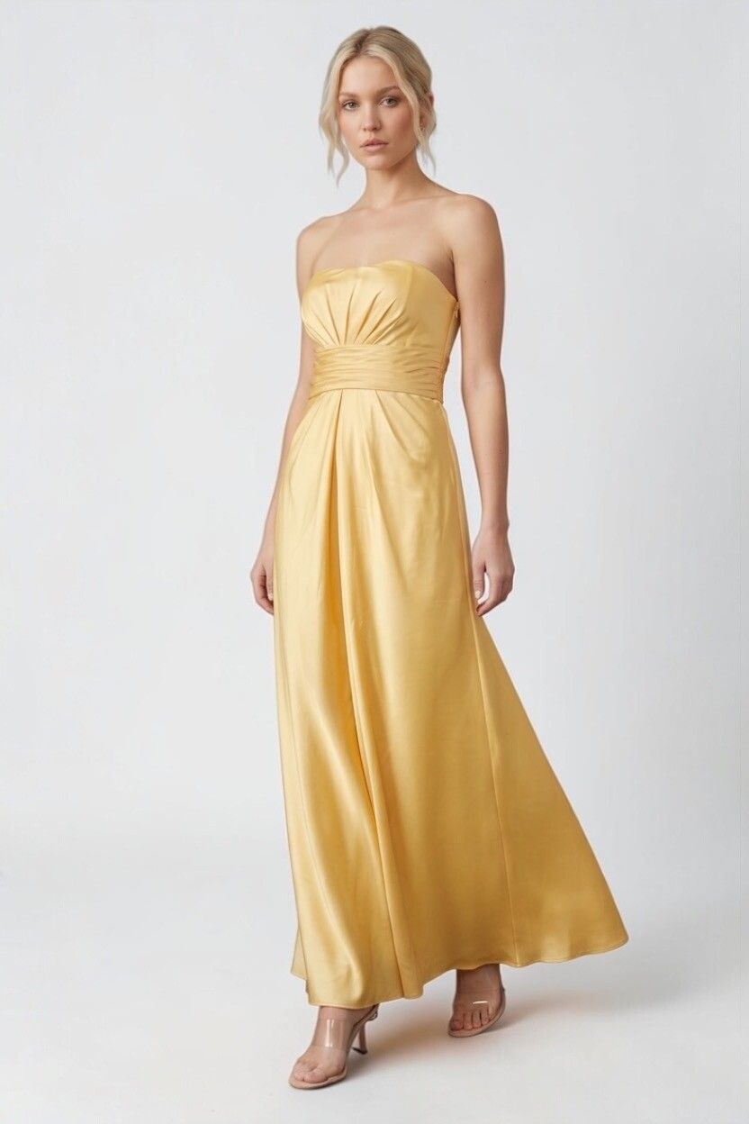 Venus Y2K Butter Yellow Satin Strapless Maxi Dress — Ball Gown, 2000s Deadstock