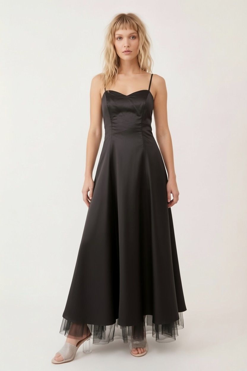 Satin Noir Tulle Maxi Ball Gown — Midnight Black, Floor Length Dress, Spaghetti Straps, Gothic Glam