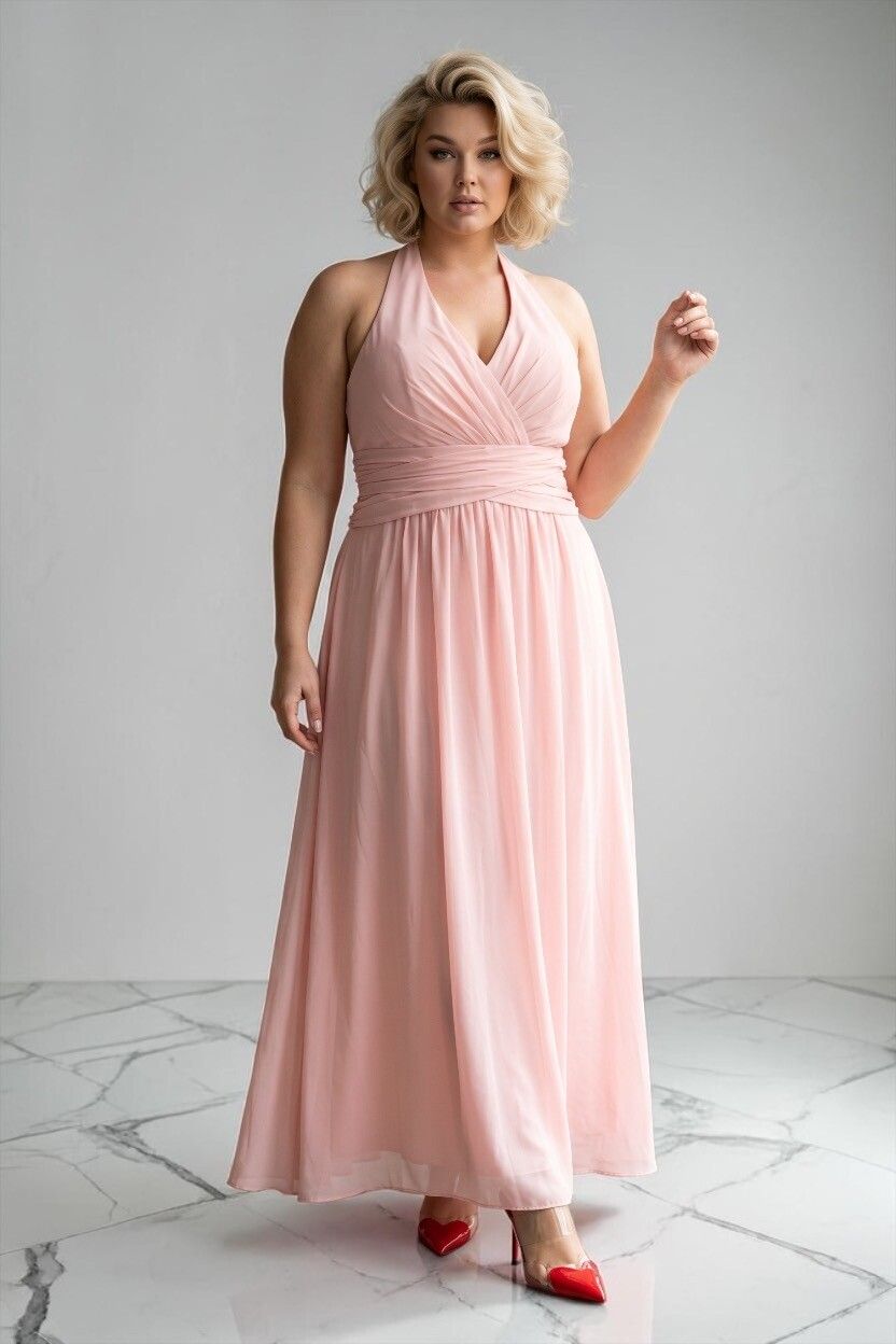 Blush Pink Chiffon Satin Halter Maxi Gown — Empire, Ruched, Marilyn Monroe
