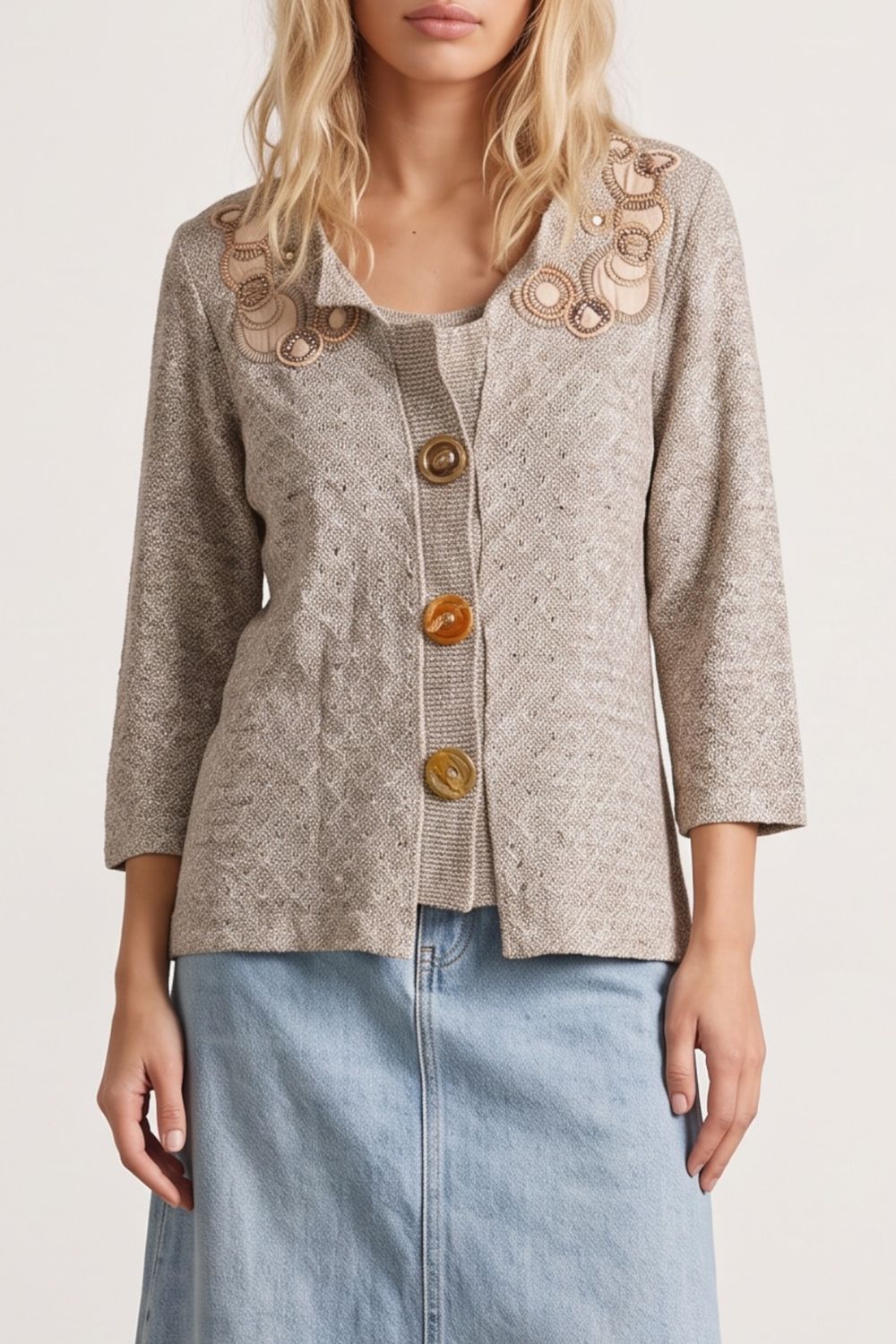 Per Una Beige Bouclé Crochet Knit Cardigan Blazer — Retro, 90s, Ugly Vintage, Oatmeal