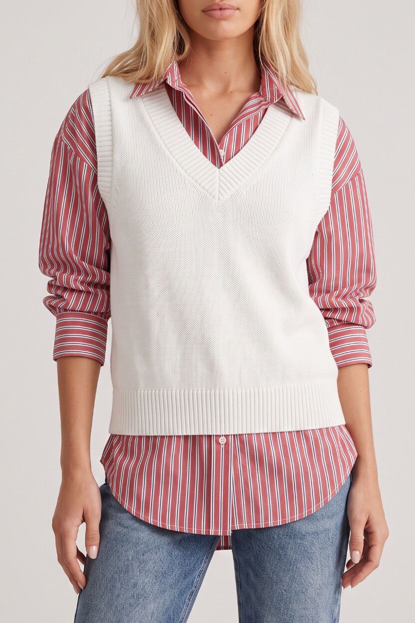 White V-Neck Preppy Knit Sweater Vest — Relaxed Fit, Sweater Vest, Grandpacore