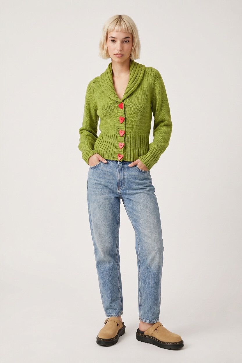 Hand Knitted Pear Green Woolen Shawl Cardigan — Form Fitting, Chunky Knit, Ribbed