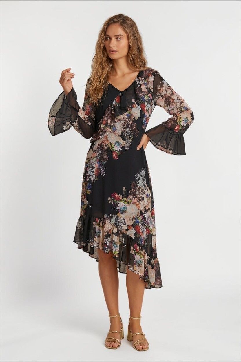 Augustine "Eliza" Dark Floral Chiffon Ruffle Midi Dress — Moody Floral, Floaty, NWT