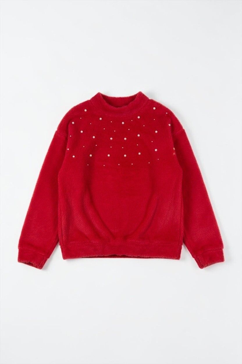 Retro Oversized Red Fleece Pearl Sweatshirt — 90s Kindergarten Teacher, Slouchy Pullover