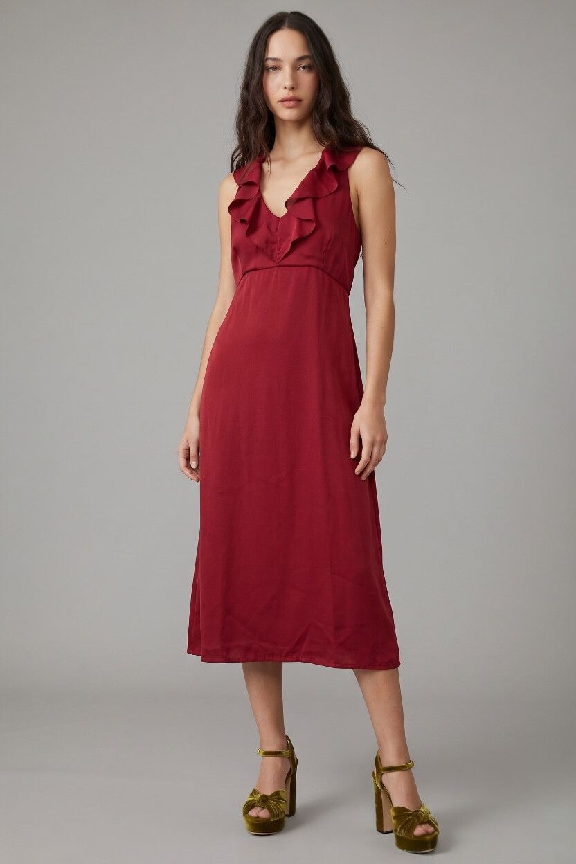 Brand Unknown - Red Iridescent Chiffon Halter Midi Dress  90s Style, Ruffle  Neck, Ball Gown on Designer Wardrobe