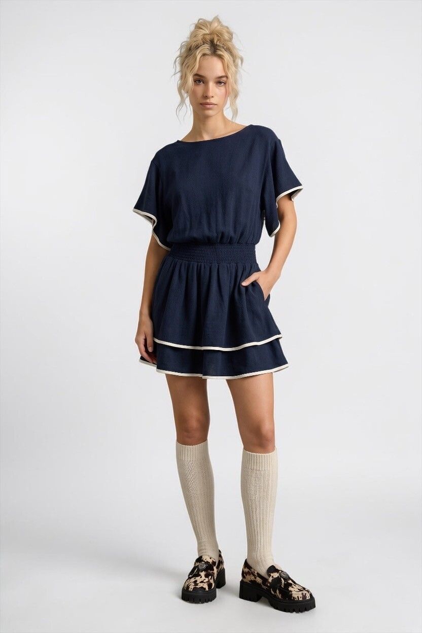 Navy Blue Wool Blend Drop Waist Ruffle Dress — Nautical, Art Deco, Stretch Knit, Sailor Girl