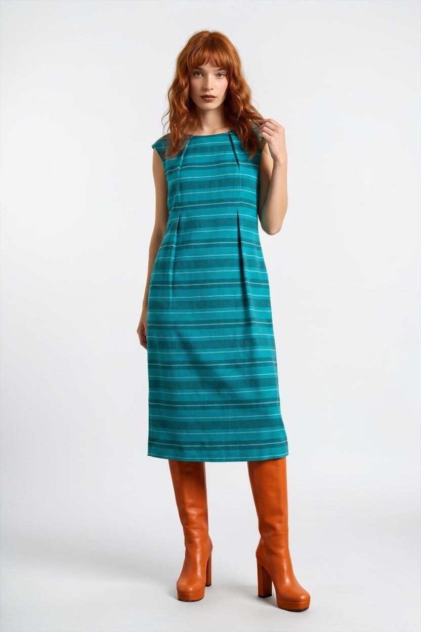 Calvin Klein Striped Pleated Sheath Dress — Teal Aqua Green, 2000s Vibe