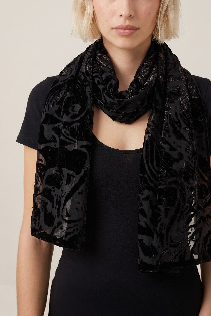 Vintage 90s Black Velvet Burnout Silk Viscose Scarf — Paisley, Evening Neck Scarf