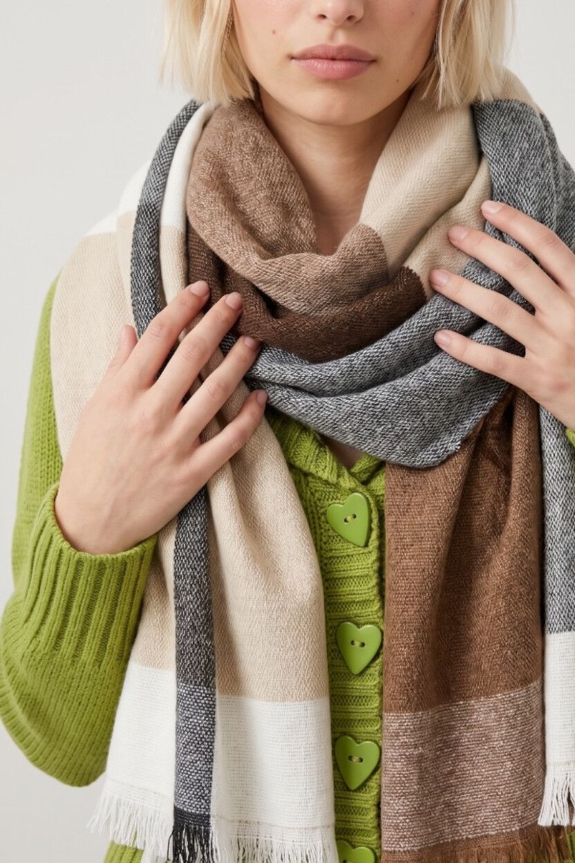 Decjuba Plaid Fine Knit Shawl Wrap Scarf — Brown Black White Tartan, Winter Blanket Scarf