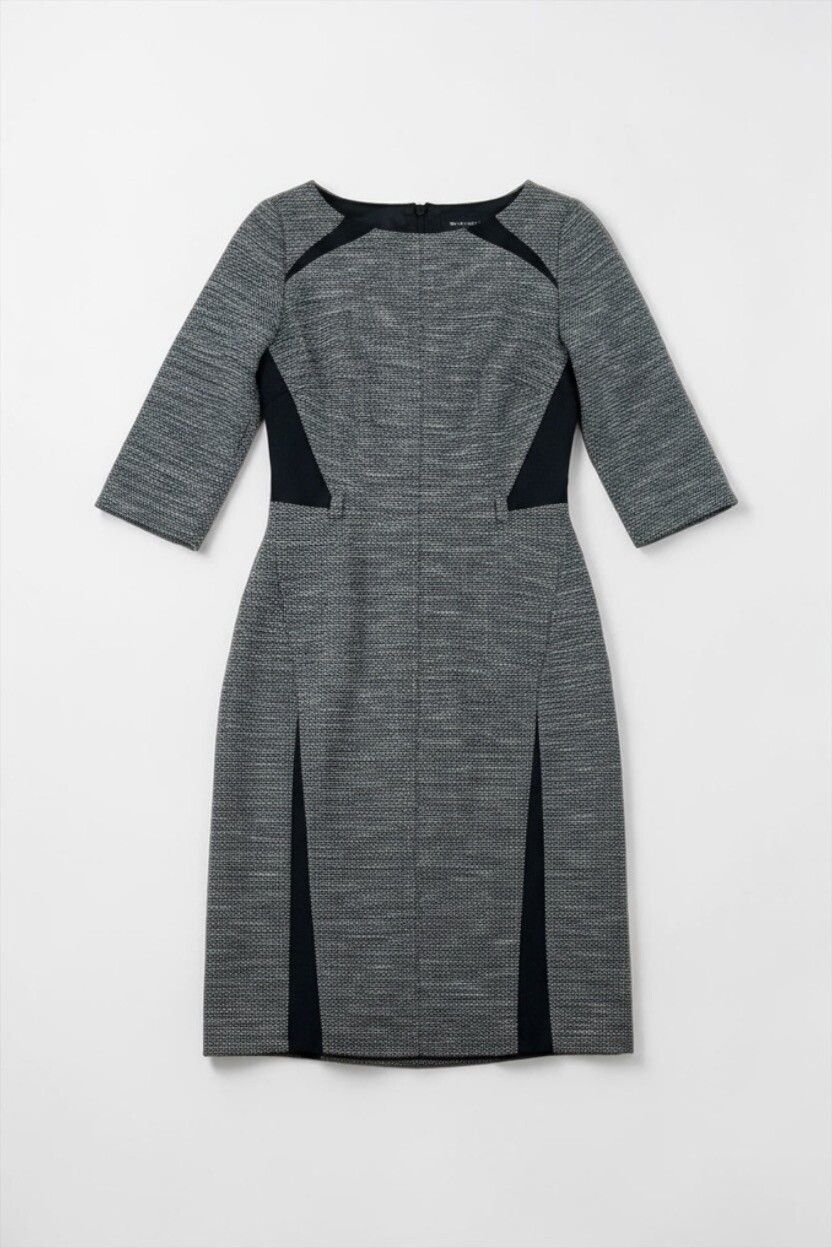 Veronika Maine - Veronika Maine Tweed Knit Seamed Sheath Midi Dress  Black  Grey White, Contrast Panel, Below-the-Knee on Designer Wardrobe