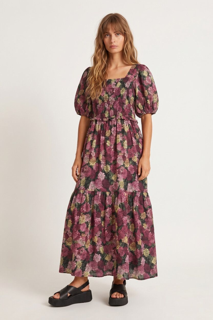 Max Selena Vintage Dahlia Shirred Linen Maxi Dress — Puff Sleeve, Dark Moody Floral, Cottagecore, Prairie