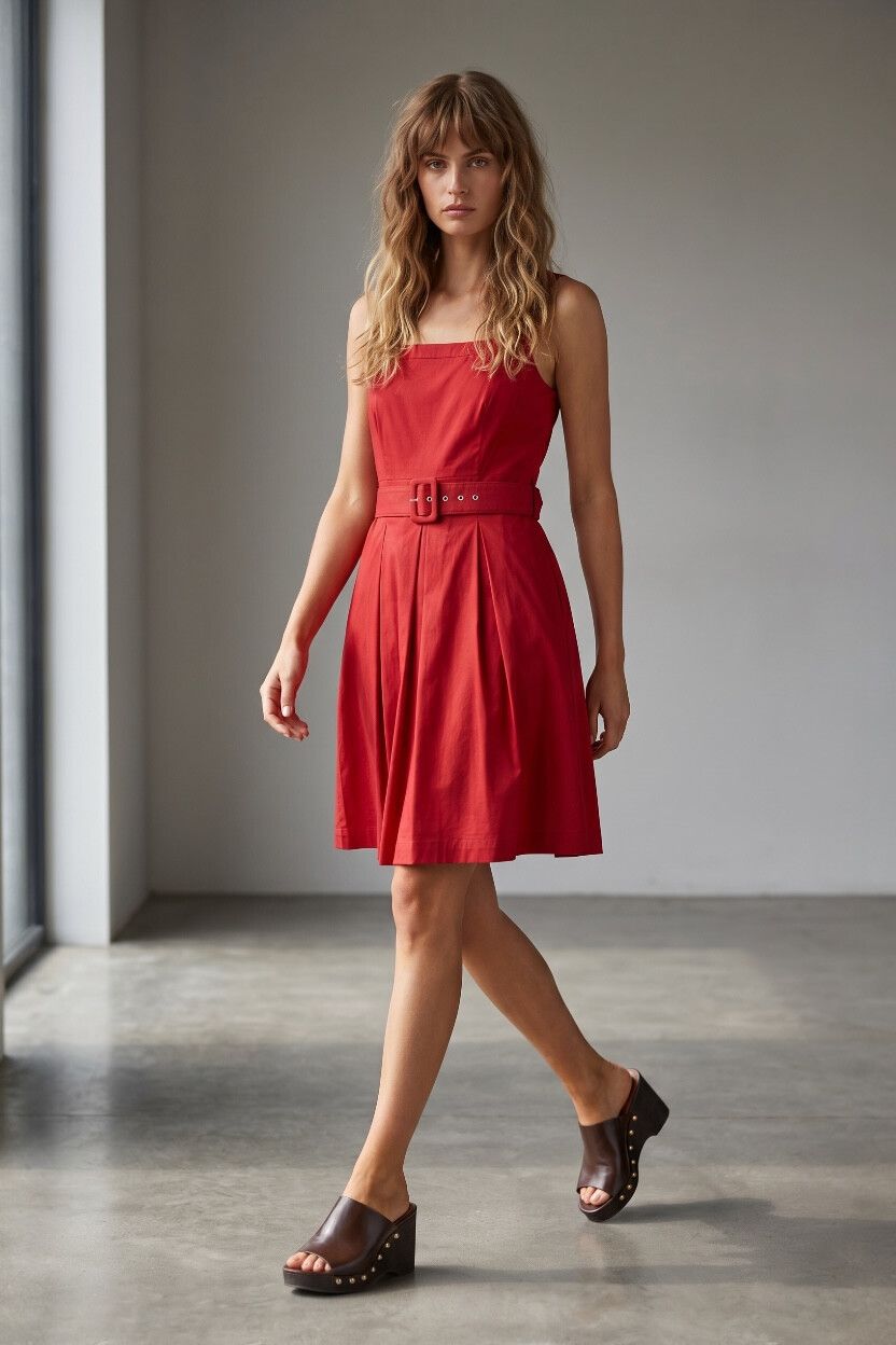 Vintage Helen Cherry Red Cotton Pleated Dress — Matching Belt, Knee Length, NZ Designer