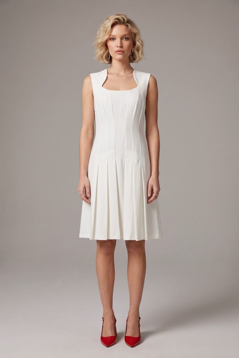 Brand Unknown - Vintage Off-White 1950s-Style Pleated Midi Dress  Square  Neck, Panel Seam, Old Money, Country Club on Designer Wardrobe