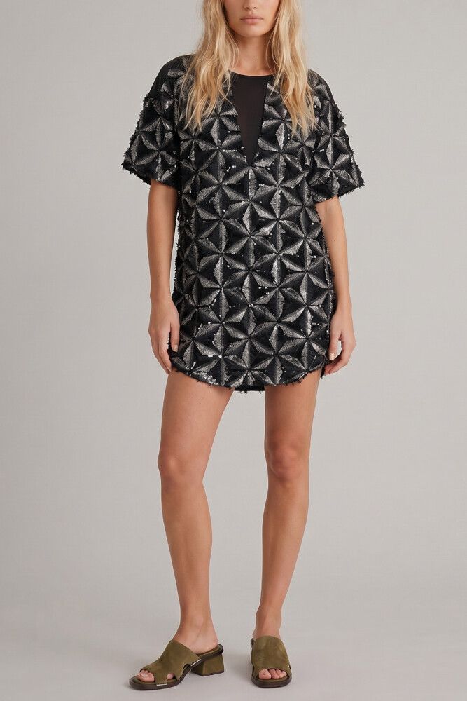 80s Style Black Grey Textured Sequin Fringe Mini Dress — Star Snowflake, Evening Party Dress