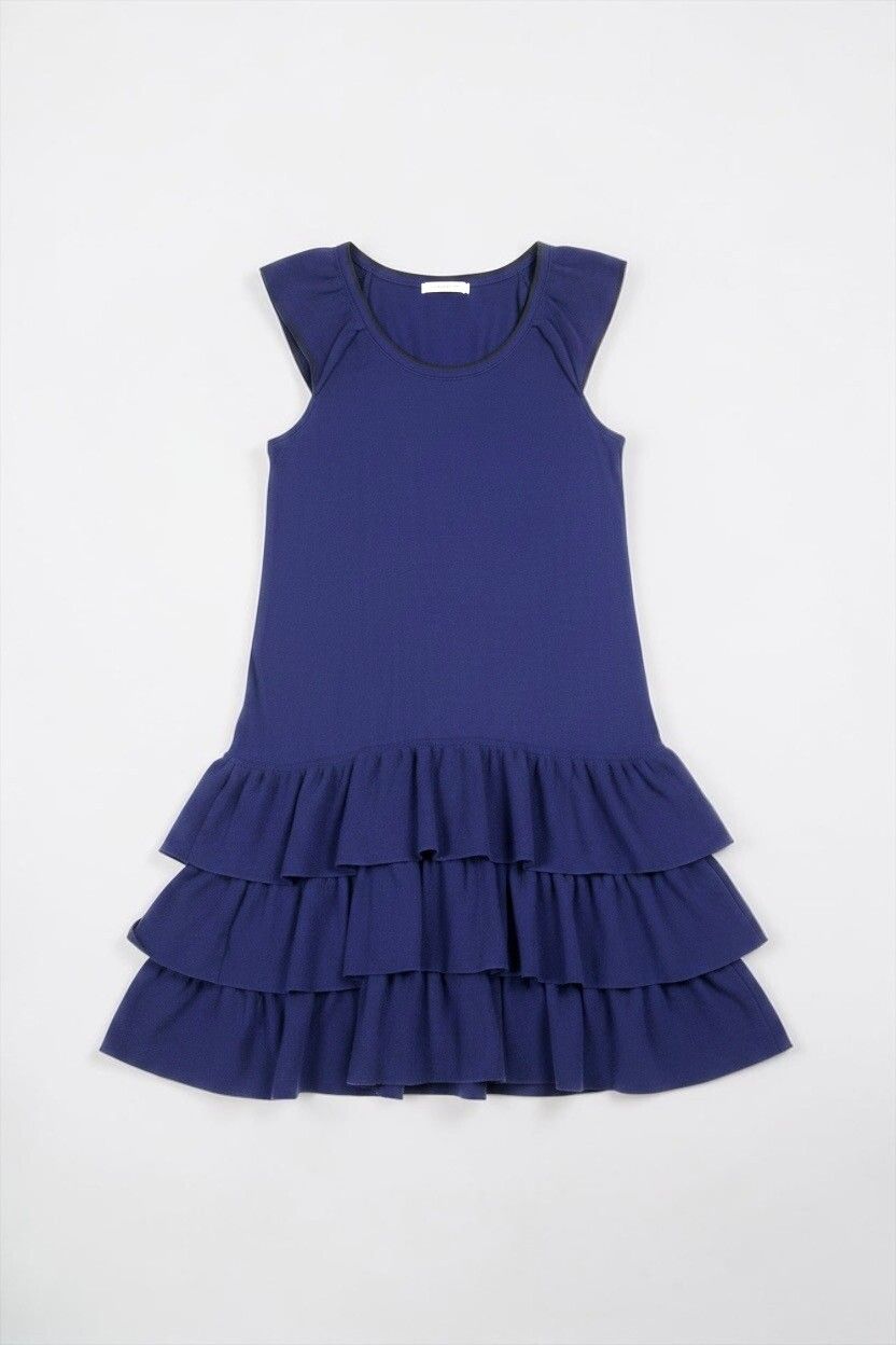 Standard Issue - Standard Issue Indigo Merino Ruffle Tiered Jersey Dress   Drop Waist, Fine Knit, NZ Made on Designer Wardrobe
