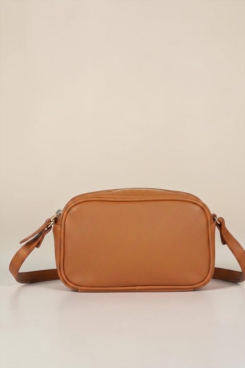 Tan Pebble Leather-Look Crossbody Camera Bag — Adjustable Length Shoulder Strap