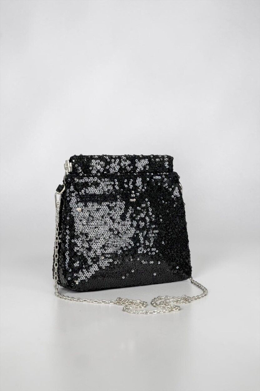 Small Black Sequin Flat Pinch-Top Clutch — Shoulder Bag / Purse