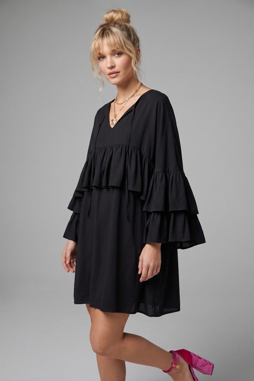 Black Chiffon Flouncy Ruffle Dress — Relaxed Fit, Shift Dress, Southern Gothic
