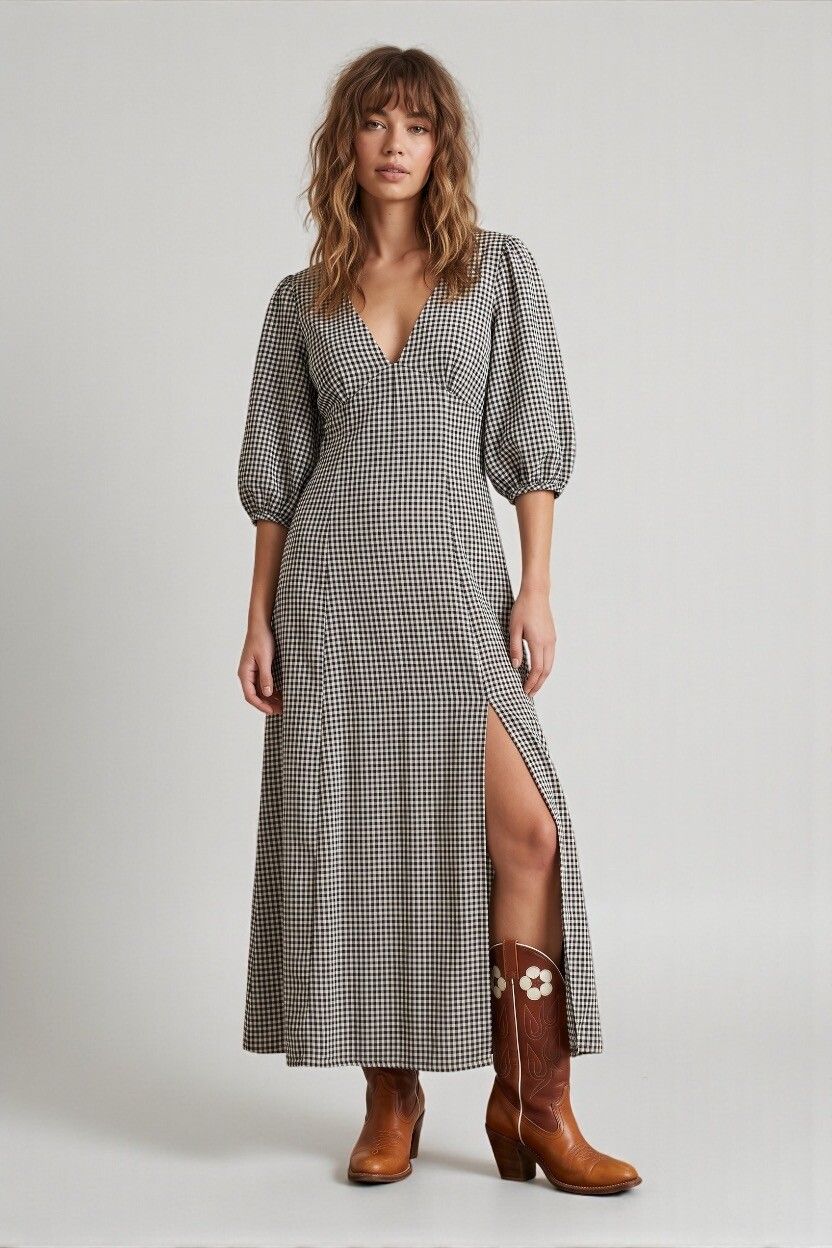 Black & White Gingham Puff Sleeve Maxi Dress — Flax Linen Blend, Cottagecore, Prairie