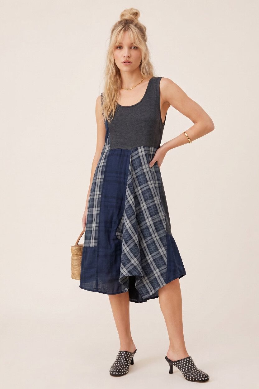 Nom*D Blue Grey Plaid Tartan Patchwork Dress — Mini / Midi Dress, Deconstructed, Asymmetric Avant-Garde