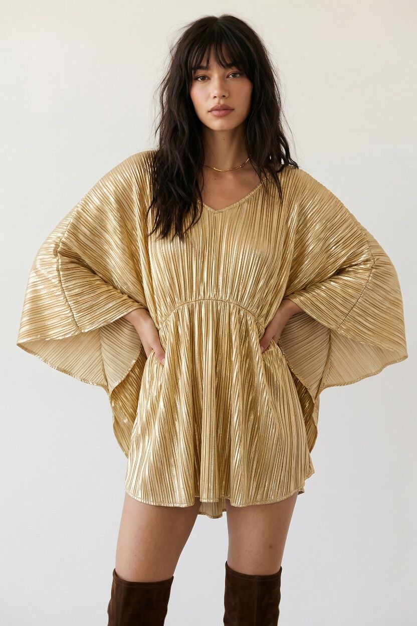 Gold Metallic Disco Pleated Mini Dress — Batwing Kimono Sleeve, OTT Party Dress