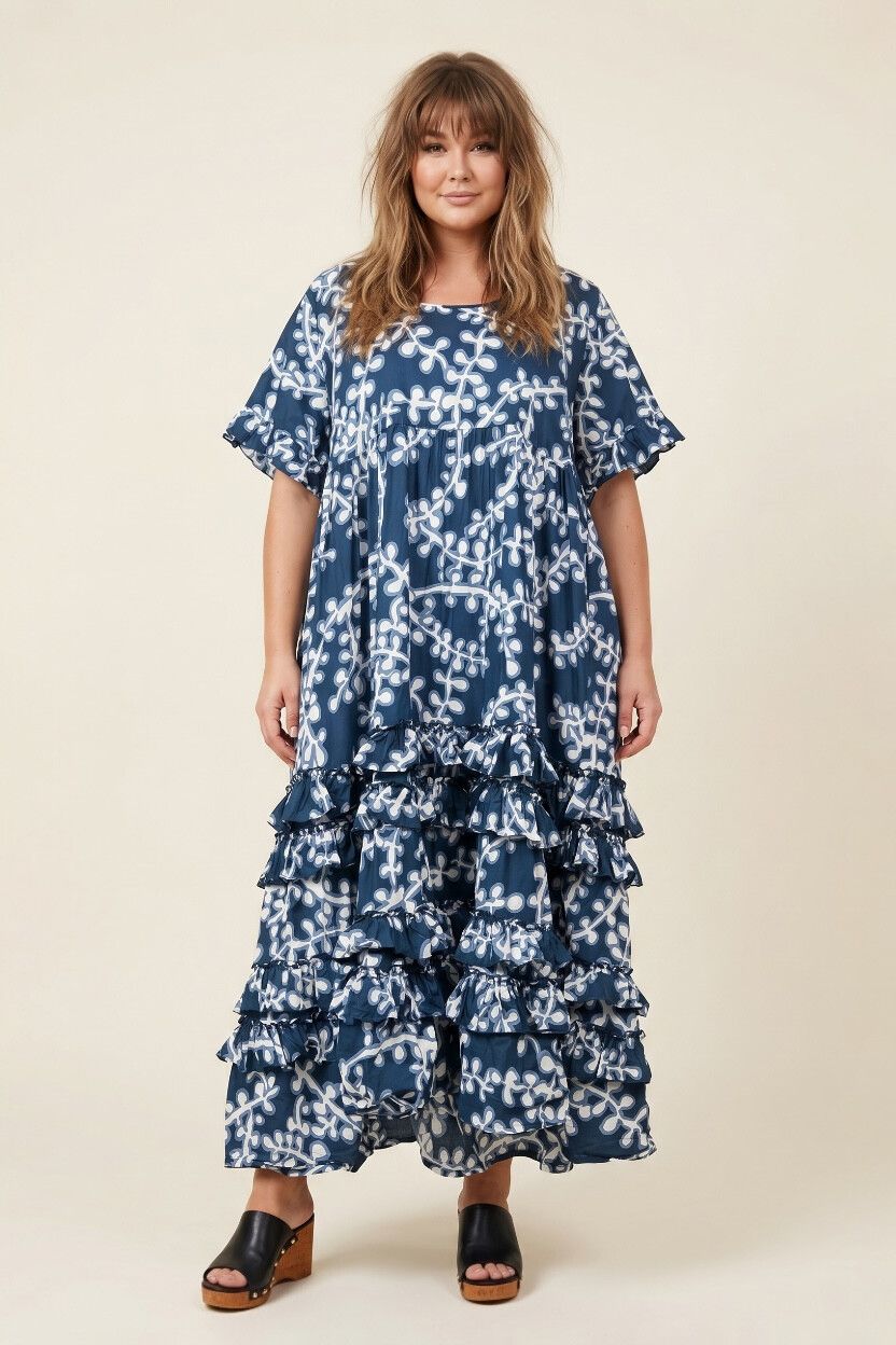 Adrift Seaweed Print Cotton Tiered Ruffle Maxi Dress — Dark Blue Teal White, Relaxed Fit, Boho Sundress