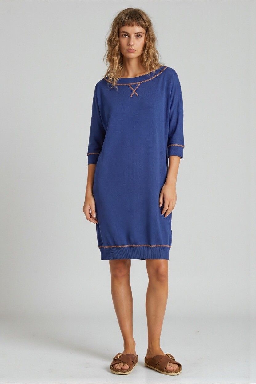 Metalicus Navy Stretch Tunic Dress — Orange Contrast Stitch, Relaxed Fit, Layering