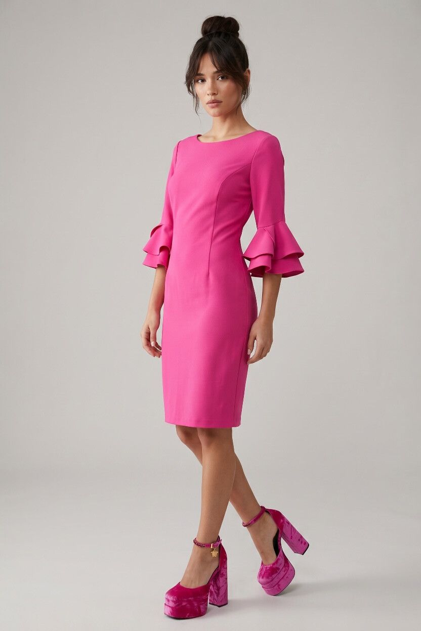 DKNY Barbie Pink Sheath Dress — Tulip Ruffle Sleeve, Stretch, Knee Length, NWT