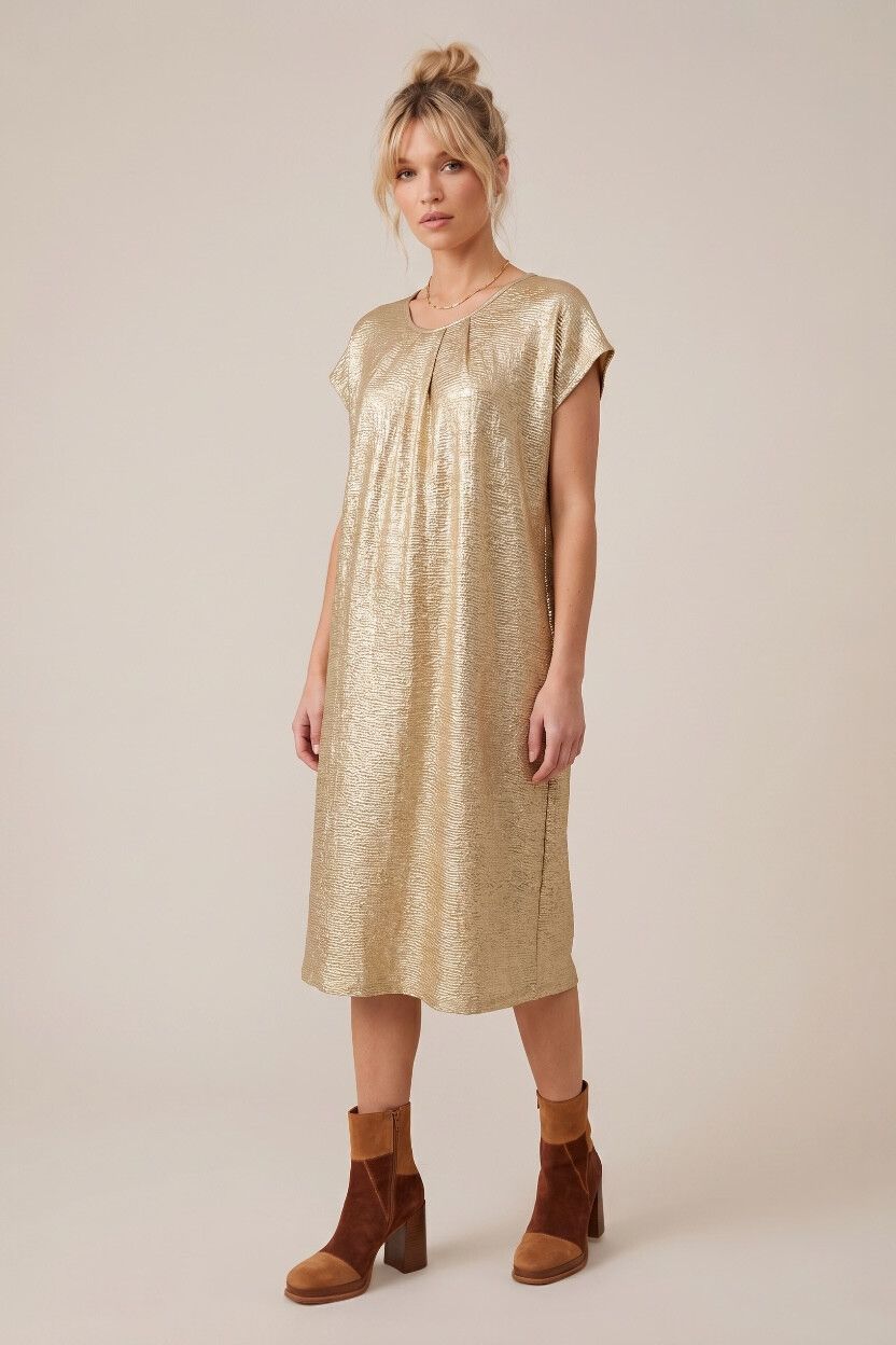 Day Birger et Mikkelsen Metallic Gold Crinkle Dress — Oversized Relaxed Fit, Tunic Dress