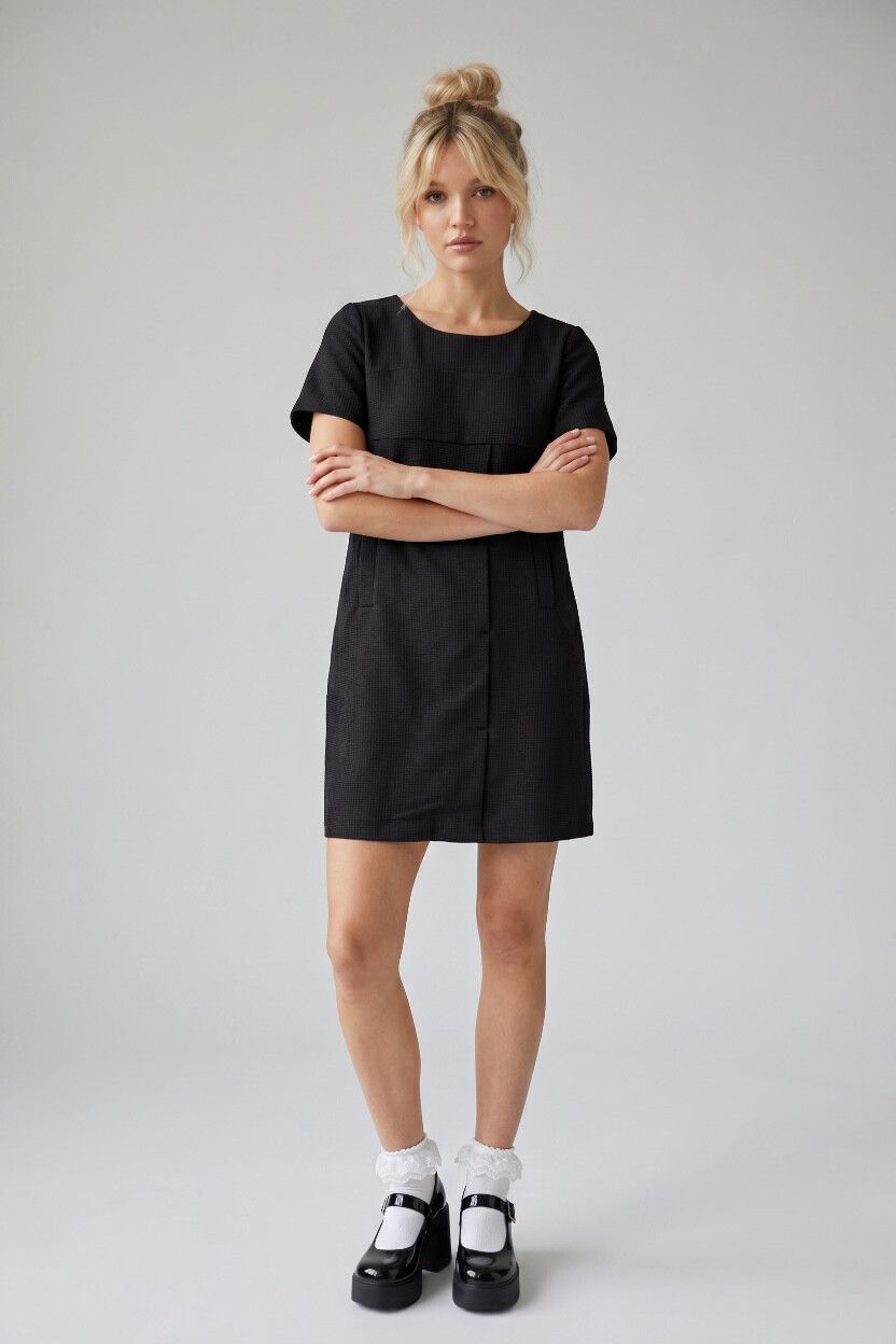 Ermis Black Grid Texture Corporate Shift Dress — Glitter Fleck, Mini Knee Length, Vintage Designer,NWT