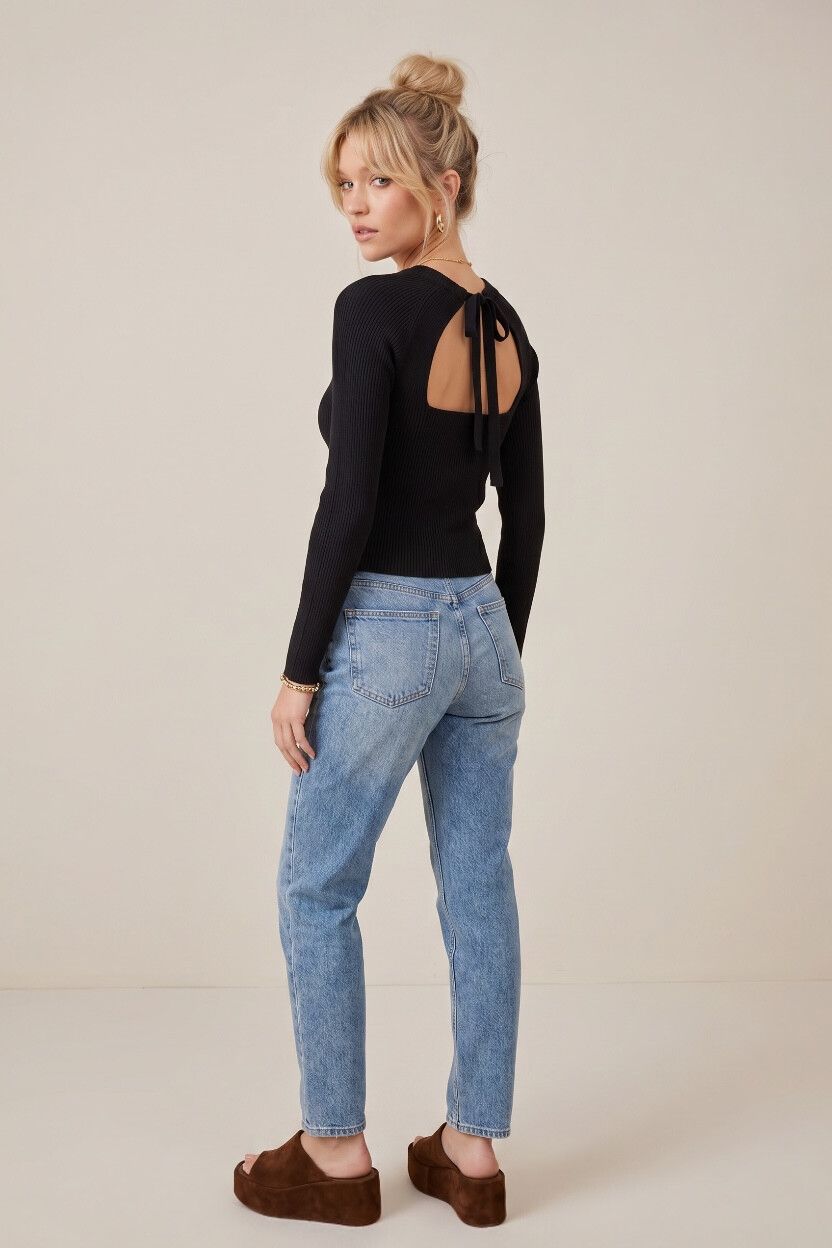 Zara Black Ribbed Open Back Cropped Sweater — Long Sleeve, Stretch Knit, Back Tie, Form Fitting