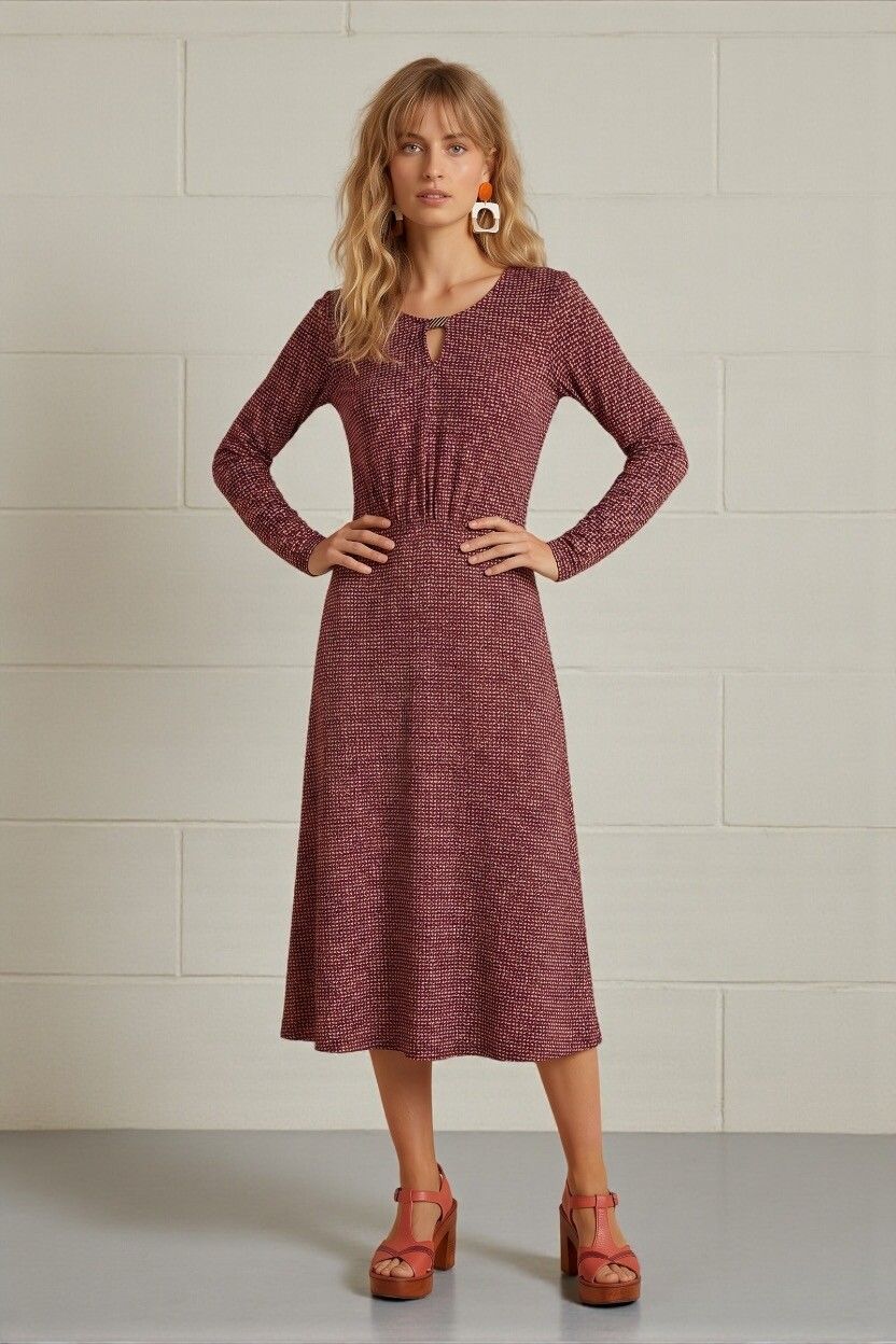 Vintage Anne Mardell Maroon Burgundy Pink Houndstooth Stretch Dress — 70s, Retro, New Zealand Designer