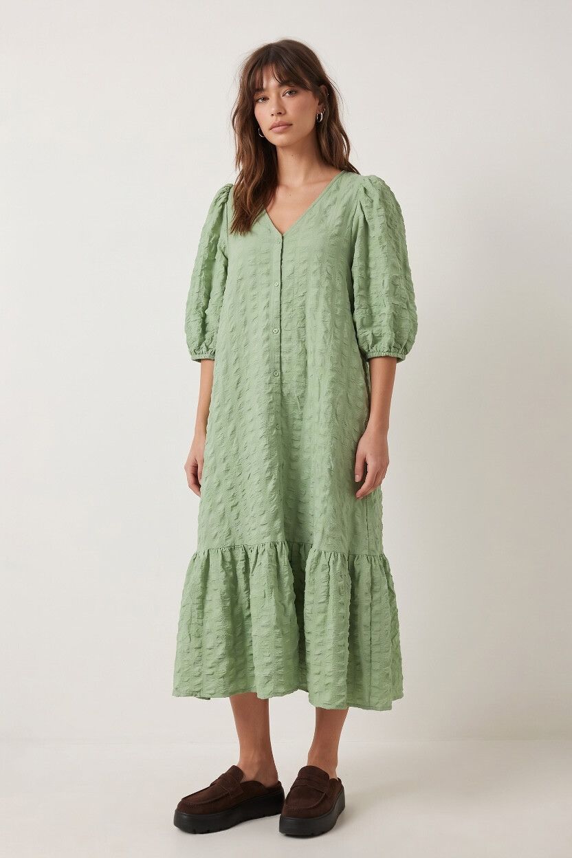 Pastel Sage Seersucker Button Front Shift Midi Dress — Puff Sleeve, Cottagecore Prairie, Vintage Style