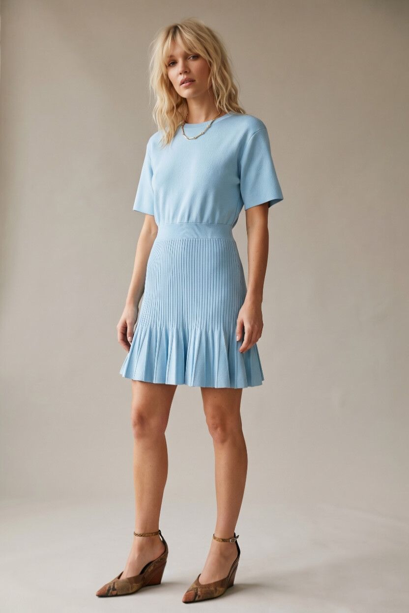 Zara Pastel Sky Blue Pleated Stretch Knit Tennis Dress — 80s 90s, Retro Athletic, Stretch Mini Dress